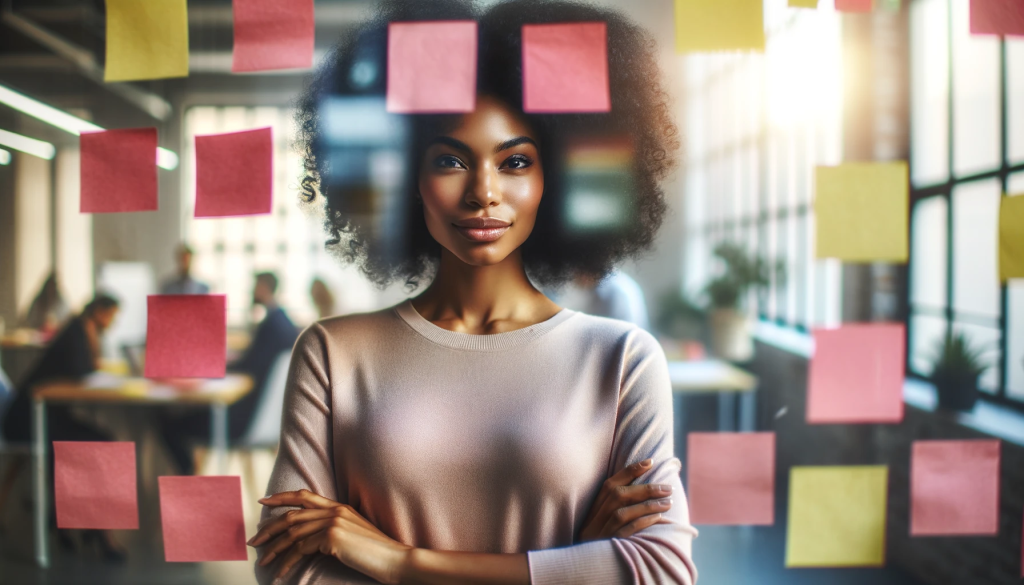 A confident woman with curly hair standing in front of a clear glass wall covered with colorful sticky notes.